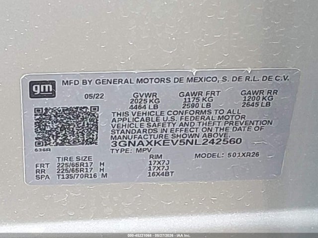 3GNAXKEV5NL242560 Chevrolet Equinox Fwd Lt