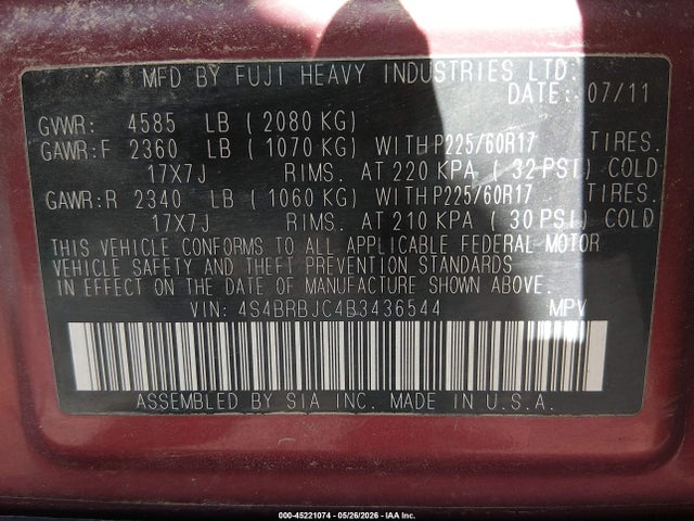 Продаж на аукціоні авто 2011 Subaru Outback 2.5i Limited, vin: 4S4BRBJC4B3436544, номер лоту: 45221074