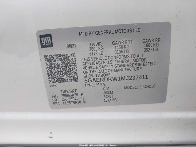 45221080 :رقم المزاد ، 5GAERDKW1MJ237411 vin ، 2021 Buick Enclave Fwd Avenir مزاد بيع