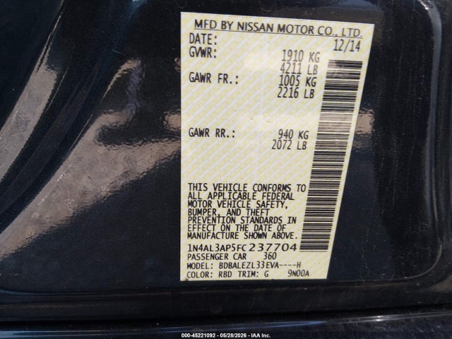 45221092 :رقم المزاد ، 1N4AL3AP5FC237704 vin ، 2015 Nissan Altima 2.5 S مزاد بيع
