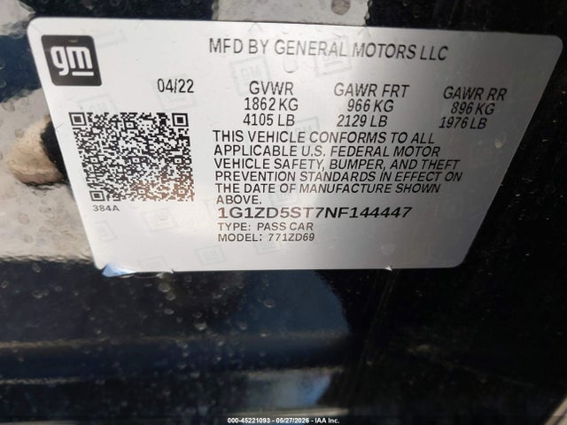 1G1ZD5ST7NF144447 Chevrolet Malibu Fwd Lt