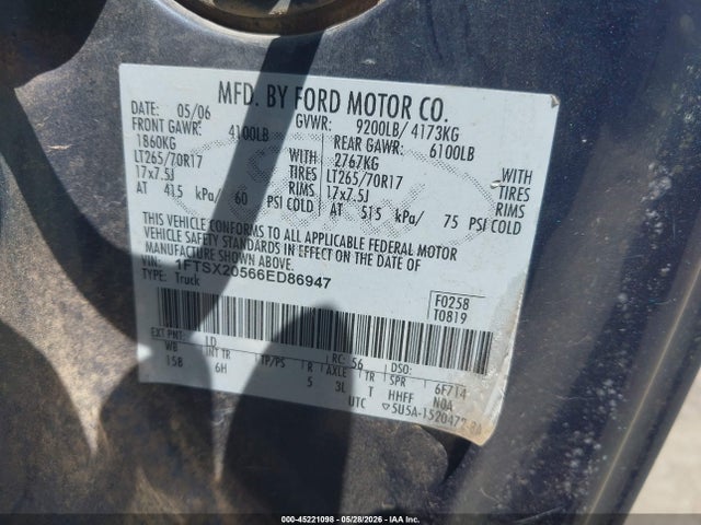 Продаж на аукціоні авто 2006 Ford F-250 Lariat/xl/xlt, vin: 1FTSX20566ED86947, номер лоту: 45221098