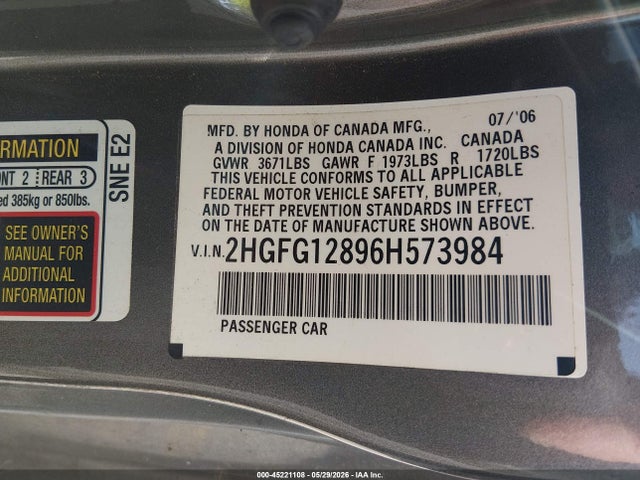 45221108 :رقم المزاد ، 2HGFG12896H573984 vin ، 2006 Honda Civic Ex مزاد بيع
