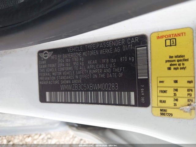 Aukcja sprzedaży 2011 Mini Cooper Countryman, vin: WMWZB3C5XBWM00283, numer aukcji: 45221147