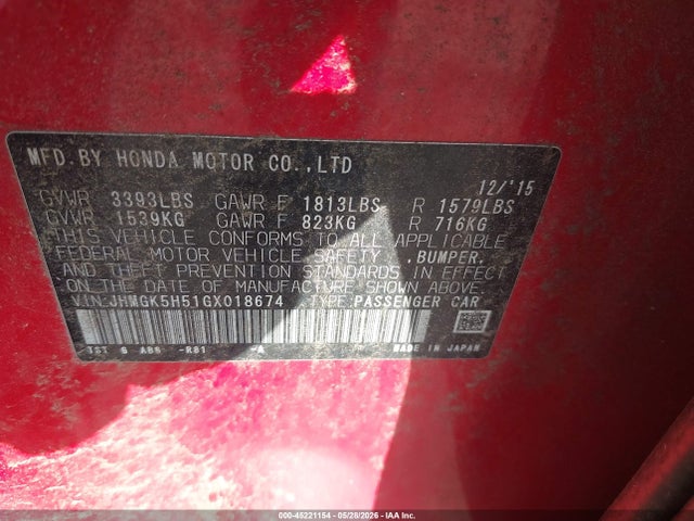 Aukcja sprzedaży 2016 Honda Fit Lx, vin: JHMGK5H51GX018674, numer aukcji: 45221154