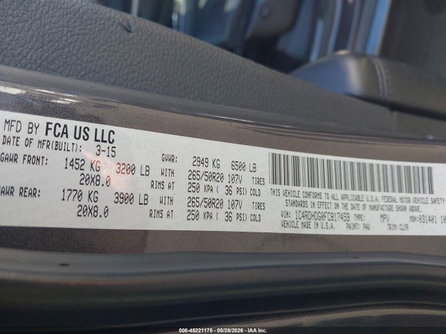 1C4RDHDG0FC817459 Dodge DURANGO LIMITED