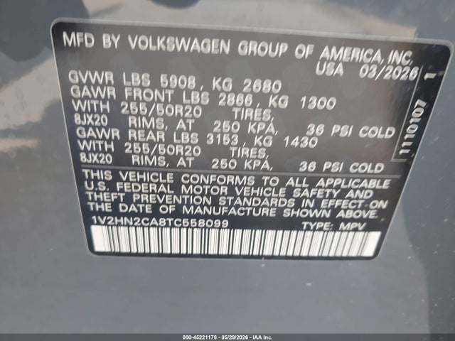45221178 :رقم المزاد ، 1V2HN2CA8TC558099 vin ، 2026 Volkswagen Atlas Se With Technology مزاد بيع