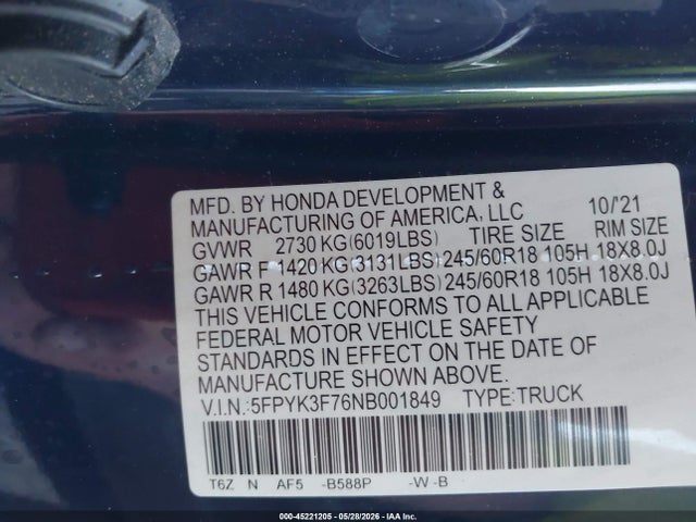 Продажа на аукционе авто 2022 Honda Ridgeline Rtl-e, vin: 5FPYK3F76NB001849, номер лота: 45221205