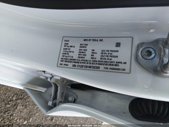 45221208 :رقم المزاد ، 5YJ3E1EB1NF262309 vin ، 2022 Tesla Model 3 Long Range Dual Motor All-wheel Drive مزاد بيع