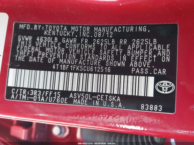 Продажа на аукционе авто 2012 Toyota Camry Se, vin: 4T1BF1FK5CU612516, номер лота: 45221214