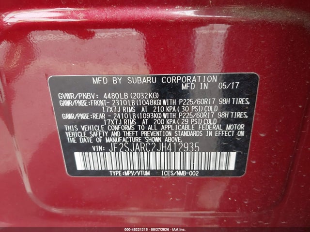 Aukcja sprzedaży 2018 Subaru Forester 2.5i Limited, vin: JF2SJARC2JH412935, numer aukcji: 45221215