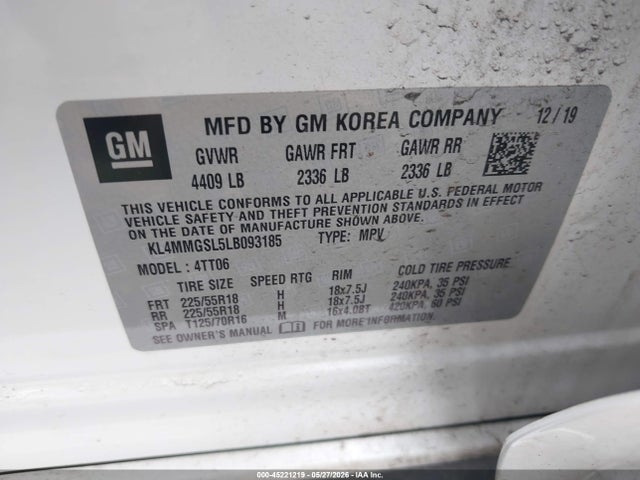 45221219 :رقم المزاد ، KL4MMGSL5LB093185 vin ، 2020 Buick Encore Gx Awd Essence مزاد بيع