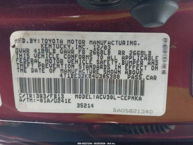 Aukcja sprzedaży 2004 Toyota Camry Le, vin: 4T1BE32K84U305380, numer aukcji: 45221244