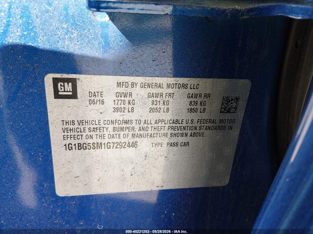 Aukcja sprzedaży 2016 Chevrolet Cruze Premier Auto, vin: 1G1BG5SM1G7292446, numer aukcji: 45221252