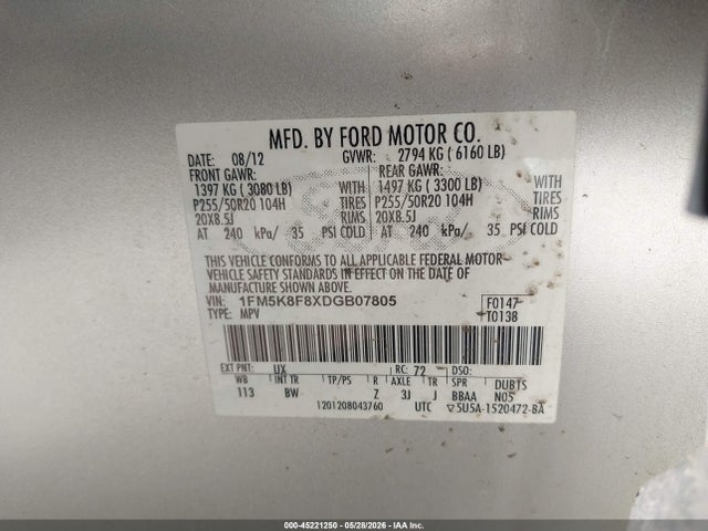 45221250 :رقم المزاد ، 1FM5K8F8XDGB07805 vin ، 2013 Ford Explorer Limited مزاد بيع