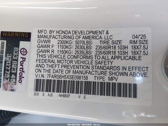 Aukcja sprzedaży 2025 Honda Cr-v Hybrid Sport, vin: 7FARS6H5XSE098158, numer aukcji: 45221262