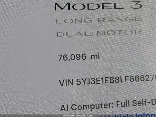 2020 Tesla Model 3 Long Range Dual Motor All-wheel Drive მანქანა იყიდება აუქციონზე, vin: 5YJ3E1EB8LF666270, აუქციონის ნომერი: 45221286