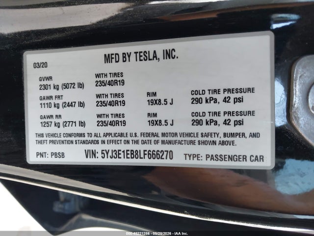 2020 Tesla Model 3 Long Range Dual Motor All-wheel Drive მანქანა იყიდება აუქციონზე, vin: 5YJ3E1EB8LF666270, აუქციონის ნომერი: 45221286