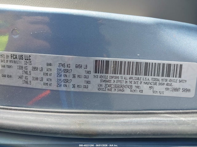 45221290 :رقم المزاد ، 2C4RC1BG6GR247439 vin ، 2016 Chrysler Town & Country Touring مزاد بيع