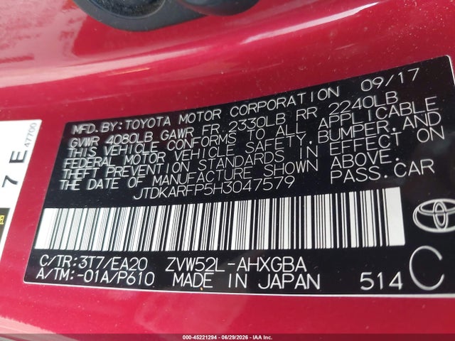 Продаж на аукціоні авто 2017 Toyota Prius Prime Advanced, vin: JTDKARFP5H3047579, номер лоту: 45221294