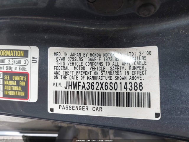 Aukcja sprzedaży 2006 Honda Civic Hybrid, vin: JHMFA362X6S014386, numer aukcji: 45221299