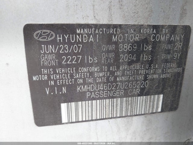 Aukcja sprzedaży 2007 Hyundai Elantra Gls/limited/se, vin: KMHDU46D27U265220, numer aukcji: 45221300