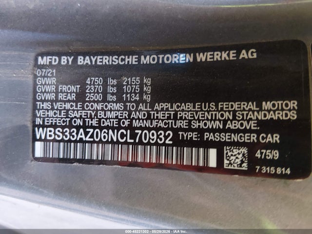 2022 Bmw M4 Competition მანქანა იყიდება აუქციონზე, vin: WBS33AZ06NCL70932, აუქციონის ნომერი: 45221302