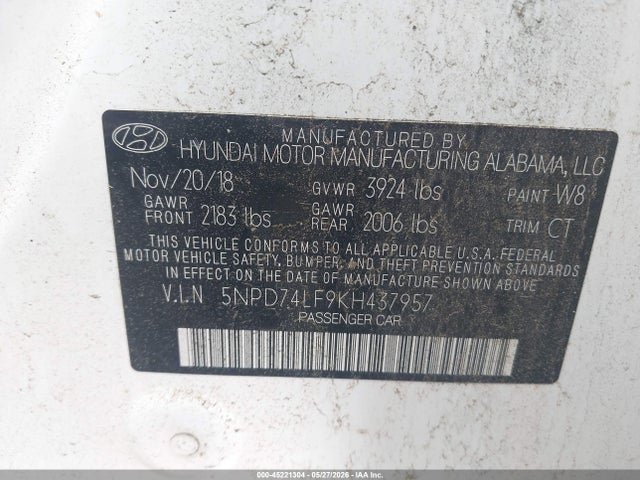 2019 Hyundai Elantra Se მანქანა იყიდება აუქციონზე, vin: 5NPD74LF9KH437957, აუქციონის ნომერი: 45221304