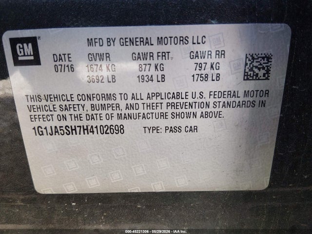 45221306 :رقم المزاد ، 1G1JA5SH7H4102698 vin ، 2017 Chevrolet Sonic Ls Manual مزاد بيع
