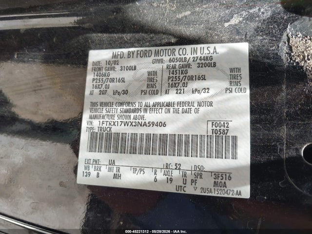 Продаж на аукціоні авто 2003 Ford F-150 Lariat/xl/xlt, vin: 1FTRX17WX3NA59406, номер лоту: 45221312