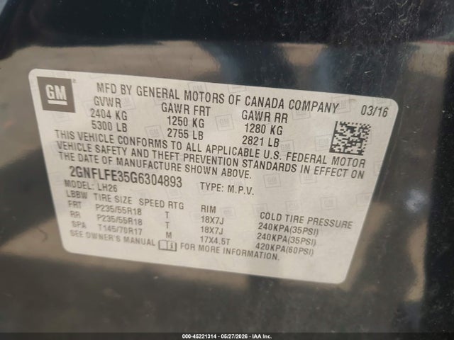 45221314 :رقم المزاد ، 2GNFLFE35G6304893 vin ، 2016 Chevrolet Equinox Lt مزاد بيع