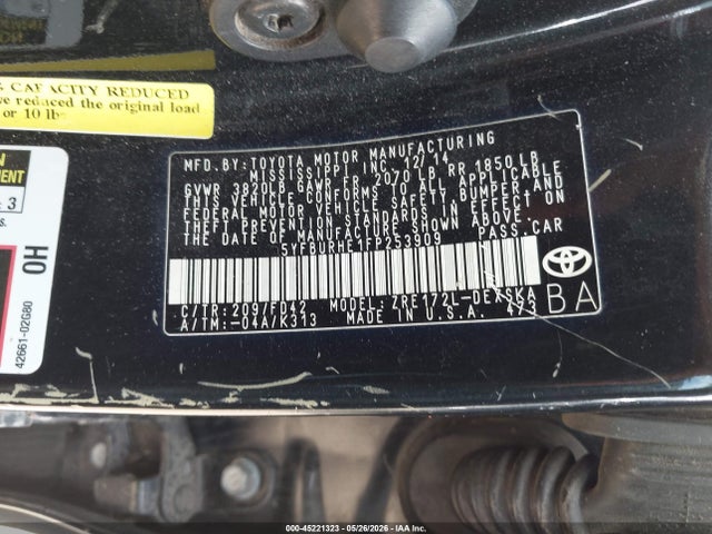 45221323 :رقم المزاد ، 5YFBURHE1FP253909 vin ، 2015 Toyota Corolla S Plus مزاد بيع