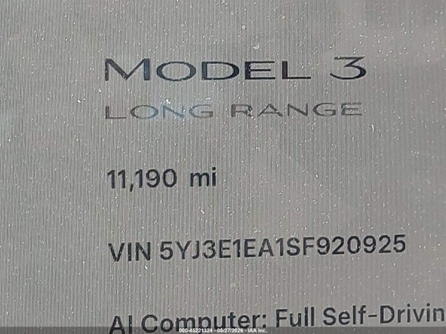 2025 Tesla Model 3 Long Range Rear-wheel Drive/standard Rear-wheel Drive მანქანა იყიდება აუქციონზე, vin: 5YJ3E1EA1SF920925, აუქციონის ნომერი: 45221324