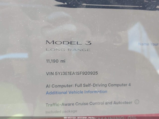 2025 Tesla Model 3 Long Range Rear-wheel Drive/standard Rear-wheel Drive მანქანა იყიდება აუქციონზე, vin: 5YJ3E1EA1SF920925, აუქციონის ნომერი: 45221324