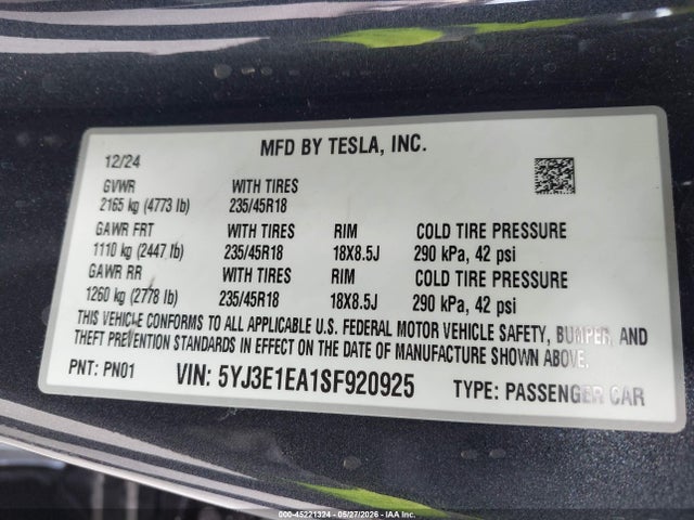 2025 Tesla Model 3 Long Range Rear-wheel Drive/standard Rear-wheel Drive მანქანა იყიდება აუქციონზე, vin: 5YJ3E1EA1SF920925, აუქციონის ნომერი: 45221324