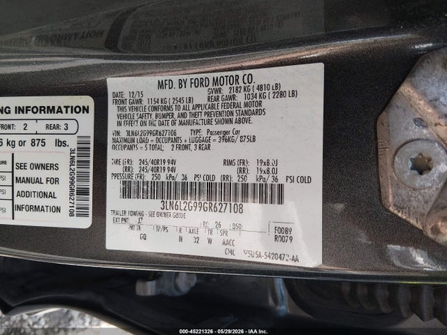 Продаж на аукціоні авто 2016 Lincoln Mkz, vin: 3LN6L2G99GR627108, номер лоту: 45221326