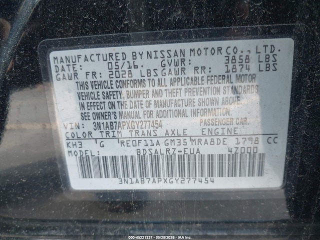 45221337 :رقم المزاد ، 3N1AB7APXGY277454 vin ، 2016 Nissan Sentra Fe+ S/s/sl/sr/sv مزاد بيع