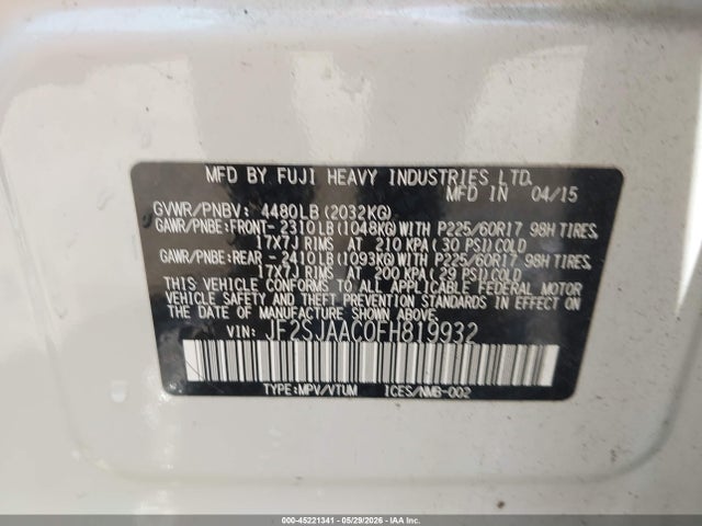 Aukcja sprzedaży 2015 Subaru Forester 2.5i, vin: JF2SJAAC0FH819932, numer aukcji: 45221341