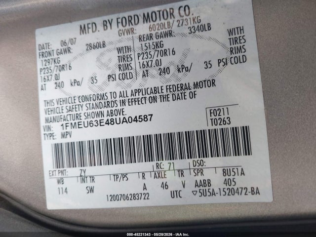 45221343 :رقم المزاد ، 1FMEU63E48UA04587 vin ، 2008 Ford Explorer Xlt مزاد بيع