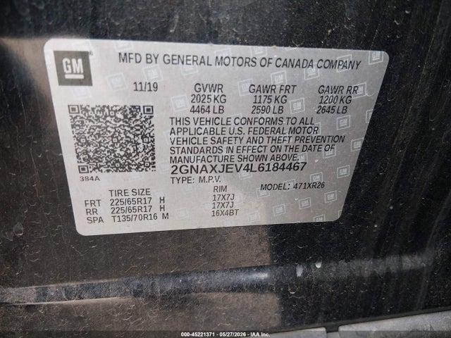 45221371 :رقم المزاد ، 2GNAXJEV4L6184467 vin ، 2020 Chevrolet Equinox Fwd 2fl مزاد بيع