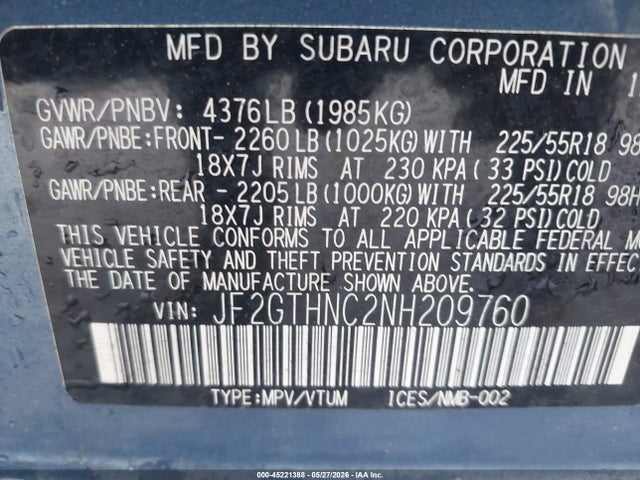 Aukcja sprzedaży 2022 Subaru Crosstrek Limited, vin: JF2GTHNC2NH209760, numer aukcji: 45221388