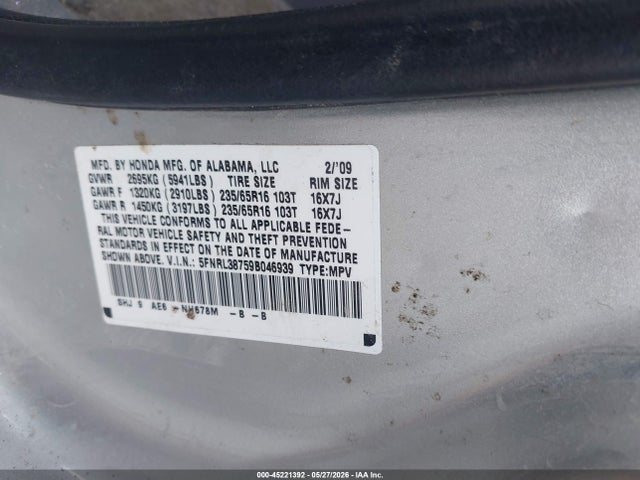 45221392 :رقم المزاد ، 5FNRL38759B046939 vin ، 2009 Honda Odyssey Ex-l مزاد بيع