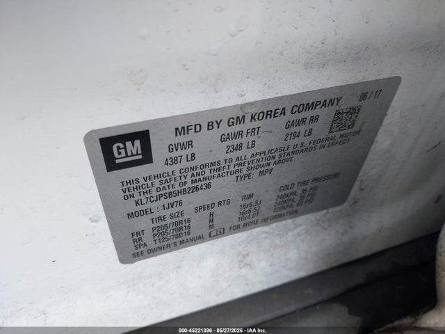Aukcja sprzedaży 2017 Chevrolet Trax Lt, vin: KL7CJPSB5HB226436, numer aukcji: 45221396