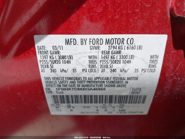 Продаж на аукціоні авто 2011 Ford Explorer Xlt, vin: 1FMHK7D88BGA46865, номер лоту: 45221415