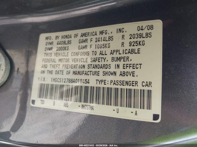 45221432 :رقم المزاد ، 1HGCS12788A018454 vin ، 2008 Honda Accord 2.4 Ex مزاد بيع