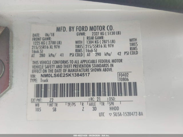 Aukcja sprzedaży 2019 Ford Transit Connect Xl, vin: NM0LS6E25K1384517, numer aukcji: 45221438
