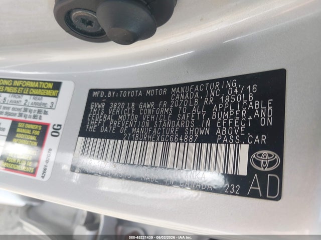 Aukcja sprzedaży 2016 Toyota Corolla Le, vin: 2T1BURHEXGC664887, numer aukcji: 45221439