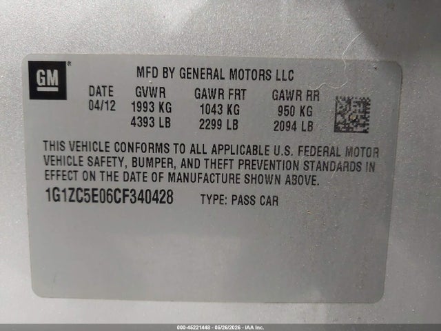 2012 Chevrolet Malibu 1lt მანქანა იყიდება აუქციონზე, vin: 1G1ZC5E06CF340428, აუქციონის ნომერი: 45221448