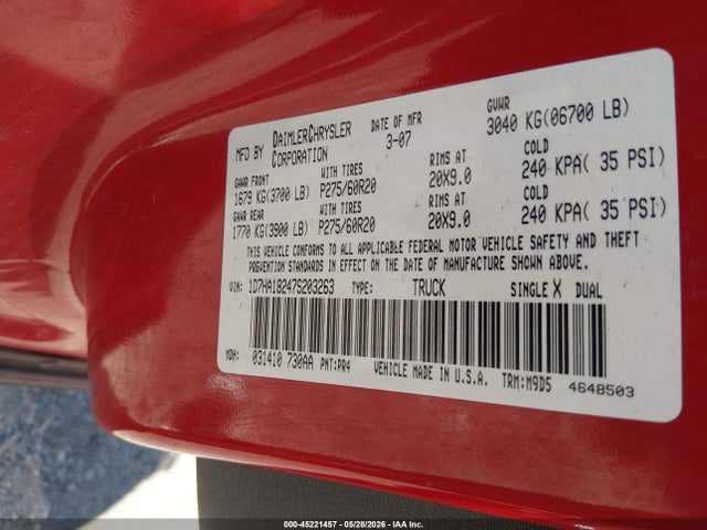Продажа на аукционе авто 2007 Dodge Ram 1500 Slt, vin: 1D7HA18247S203263, номер лота: 45221457