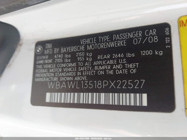2008 Bmw 328i მანქანა იყიდება აუქციონზე, vin: WBAWL13518PX22527, აუქციონის ნომერი: 45221459
